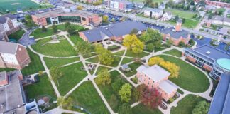 An aerial view of a college campus with red brick buildings, sidewalks, a parking lot, trees, and green grass.