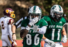 Mike Soloman celebrates in the end zone during a 35-17 win over Gannon University on Oct. 12. The receiver brought in a touchdown during the home game. Eddie Clancy / The Rocket