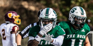 Mike Soloman celebrates in the end zone during a 35-17 win over Gannon University on Oct. 12. The receiver brought in a touchdown during the home game. Eddie Clancy / The Rocket